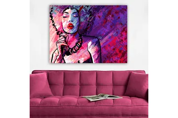 Canvastavla 70x100 cm - Stiliserad kvinna med lockigt hår som sjunger med stängda ögon - Lila / Rosa / Röd - Inredning - Tavlor & posters - Canvastavla