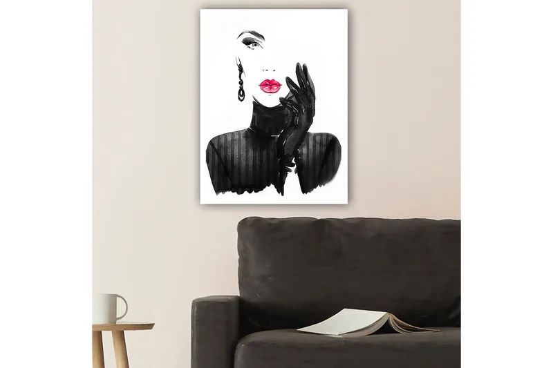 Canvastavla 70x100 cm - Stiliserad kvinna med röd läppstift och svarta handskar - Svart / Röd - Inredning - Tavlor & posters - Canvastavla