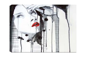 Canvastavla 70x100 cm - Stiliserad kvinna med röd läppstift som framhäver hennes ansikte i en dramatisk svart och vit komposition - Röd / Svart / Vit - Inredning - Tavlor & posters - Canvastavla