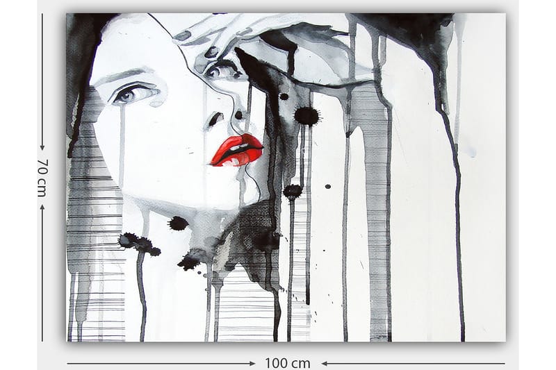 Canvastavla 70x100 cm - Stiliserad kvinna med röd läppstift som framhäver hennes ansikte i en dramatisk svart och vit komposition - Röd / Svart / Vit - Inredning - Tavlor & posters - Canvastavla