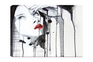 Canvastavla 70x100 cm - Stiliserad kvinna med röd läppstift som framhäver hennes ansikte i en dramatisk svart och vit komposition - Röd / Svart / Vit - Inredning - Tavlor & posters - Canvastavla