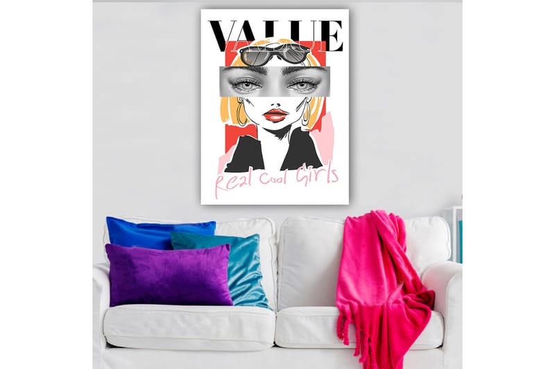 Canvastavla 70x100 cm - Stiliserad kvinna med solglasögon och en modern, färgglad bakgrund, Rosa / Svart / Gul