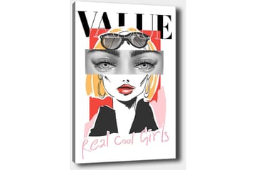 Canvastavla 70x100 cm - Stiliserad kvinna med solglasögon och en modern, färgglad bakgrund - Rosa / Svart / Gul - Inredning - Tavlor & posters - Canvastavla