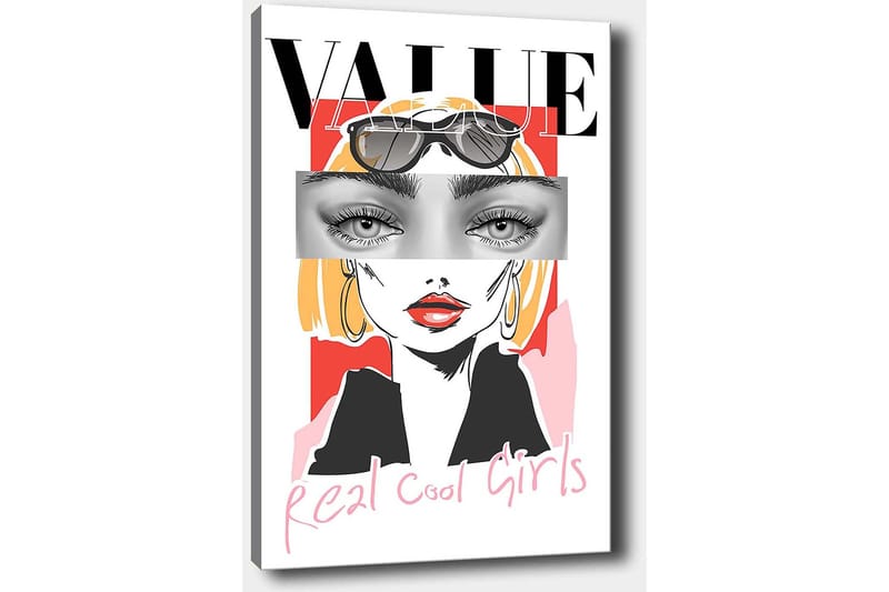 Canvastavla 70x100 cm - Stiliserad kvinna med solglasögon och en modern, färgglad bakgrund - Rosa / Svart / Gul - Inredning - Tavlor & posters - Canvastavla