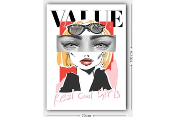 Canvastavla 70x100 cm - Stiliserad kvinna med solglasögon och en modern, färgglad bakgrund - Rosa / Svart / Gul - Inredning - Tavlor & posters - Canvastavla