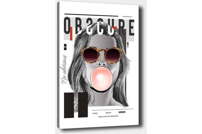 Canvastavla 70x100 cm - Stiliserad kvinna med solglasögon som blåser en tuggummiboll - Svart / Grå / Röd - Inredning - Tavlor & posters - Canvastavla