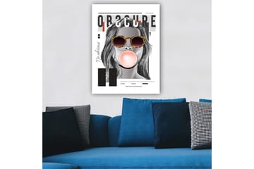 Canvastavla 70x100 cm - Stiliserad kvinna med solglasögon som blåser en tuggummiboll - Svart / Grå / Röd - Inredning - Tavlor & posters - Canvastavla