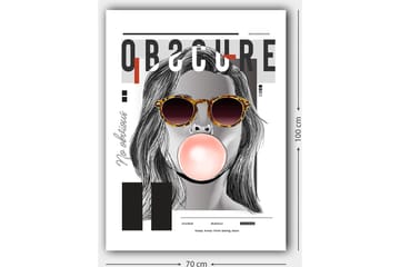 Canvastavla 70x100 cm - Stiliserad kvinna med solglasögon som blåser en tuggummiboll - Svart / Grå / Röd - Inredning - Tavlor & posters - Canvastavla