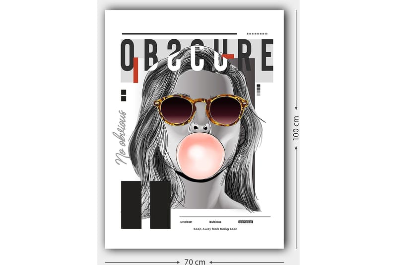 Canvastavla 70x100 cm - Stiliserad kvinna med solglasögon som blåser en tuggummiboll - Svart / Grå / Röd - Inredning - Tavlor & posters - Canvastavla