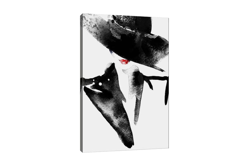 Canvastavla 70x100 cm - Stiliserad kvinna med stor hatt och röd läppstift som utstrålar elegans och mystik, Svart / Röd