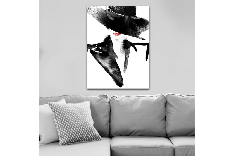 Canvastavla 70x100 cm - Stiliserad kvinna med stor hatt och röd läppstift som utstrålar elegans och mystik - Svart / Röd - Inredning - Tavlor & posters - Canvastavla