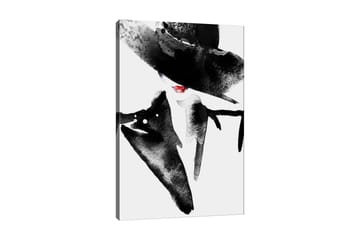 Canvastavla 70x100 cm - Stiliserad kvinna med stor hatt och röd läppstift som utstrålar elegans och mystik - Svart / Röd - Inredning - Tavlor & posters - Canvastavla