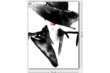 Canvastavla 70x100 cm - Stiliserad kvinna med stor hatt och röd läppstift som utstrålar elegans och mystik - Svart / Röd - Inredning - Tavlor & posters - Canvastavla