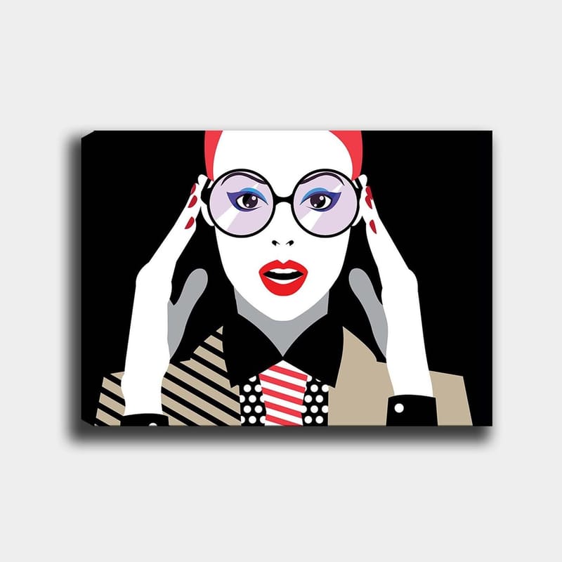 Canvastavla 70x100 cm - Stiliserad kvinna med stora glasögon som uttrycker förvåning eller chock, Röd / Svart / Vit