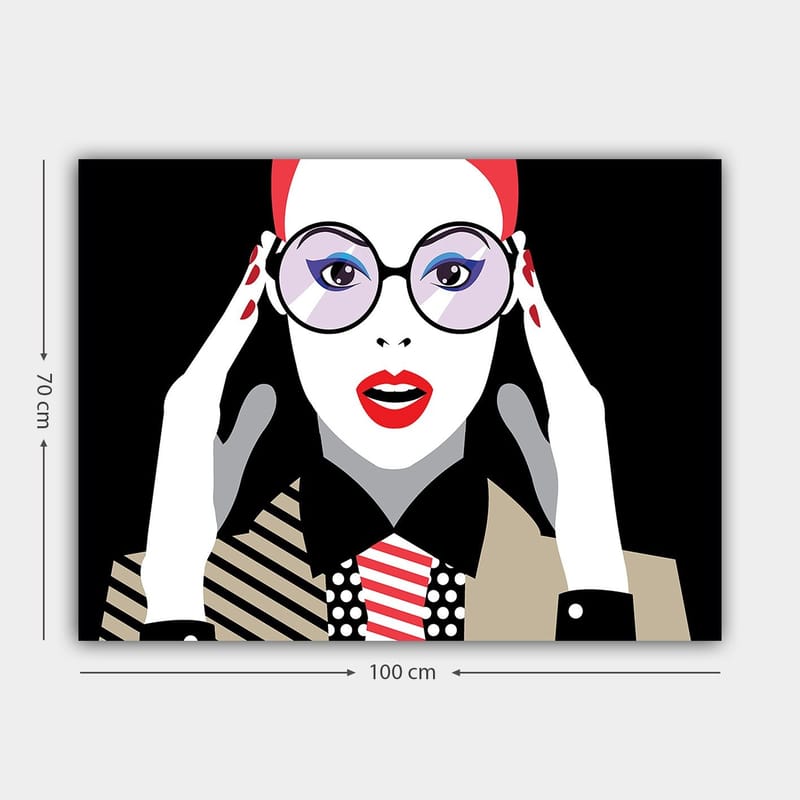 Canvastavla 70x100 cm - Stiliserad kvinna med stora glasögon som uttrycker förvåning eller chock - Röd / Svart / Vit - Inredning - Tavlor & posters - Canvastavla