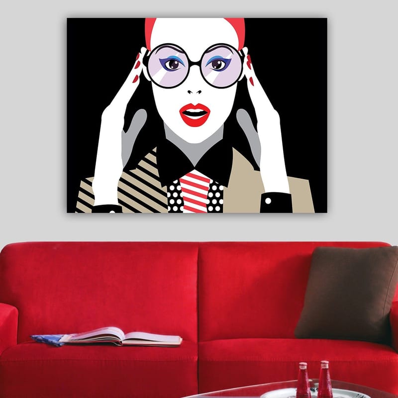 Canvastavla 70x100 cm - Stiliserad kvinna med stora glasögon som uttrycker förvåning eller chock - Röd / Svart / Vit - Inredning - Tavlor & posters - Canvastavla
