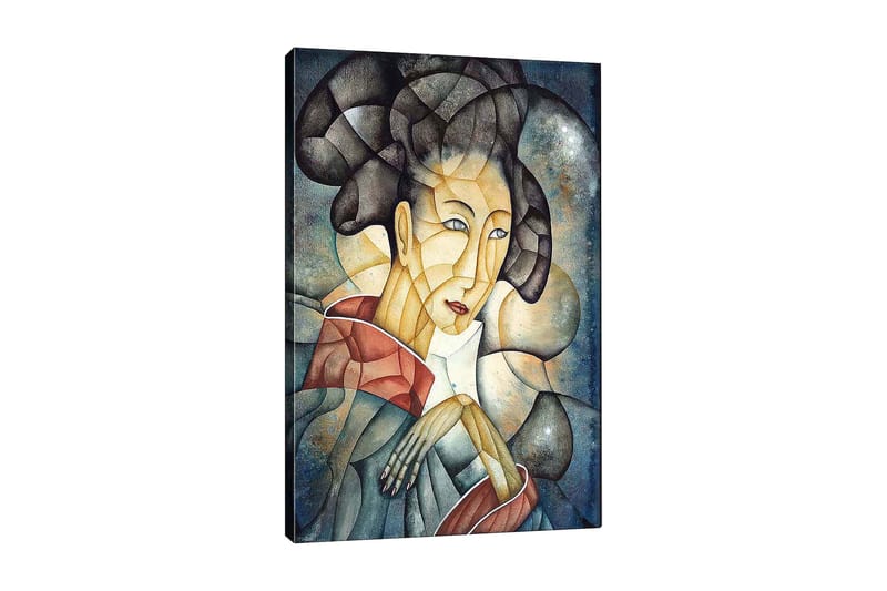 Canvastavla 70x100 cm - Stiliserad kvinna med traditionella kläder och en eftertänksam pose, Mörkblå / Beige / Röd