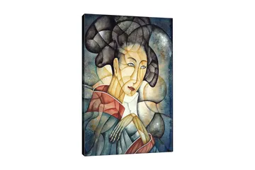 Canvastavla 70x100 cm - Stiliserad kvinna med traditionella kläder och en eftertänksam pose - Mörkblå / Beige / Röd - Inredning - Tavlor & posters - Canvastavla