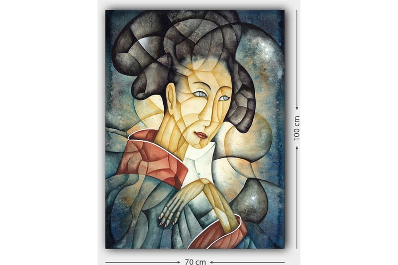 Canvastavla 70x100 cm - Stiliserad kvinna med traditionella kläder och en eftertänksam pose - Mörkblå / Beige / Röd - Inredning - Tavlor & posters - Canvastavla