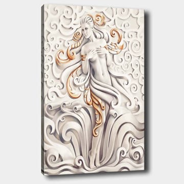 Canvastavla 70x100 cm - Stiliserad kvinna omgiven av svängande mönster och ornamentik - Vit / Beige / Guld - Inredning - Tavlor & posters - Canvastavla