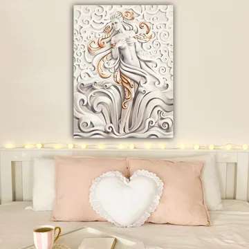 Canvastavla 70x100 cm - Stiliserad kvinna omgiven av svängande mönster och ornamentik - Vit / Beige / Guld - Inredning - Tavlor & posters - Canvastavla