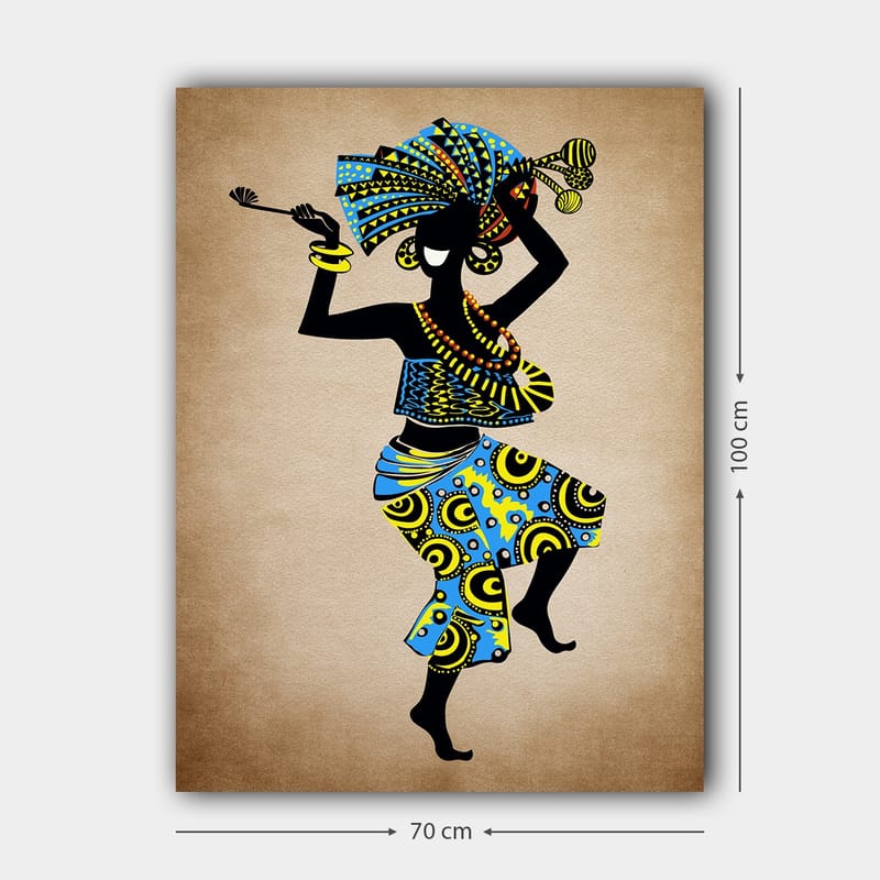 Canvastavla 70x100 cm - Stiliserad kvinna som dansar med en färgglad huvudbonad och kläder, bärande på en korg - Blå / Svart / Gul - Inredning - Tavlor & posters - Canvastavla