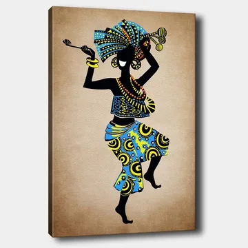 Canvastavla 70x100 cm - Stiliserad kvinna som dansar med en färgglad huvudbonad och kläder, bärande på en korg - Blå / Svart / Gul - Inredning - Tavlor & posters - Canvastavla