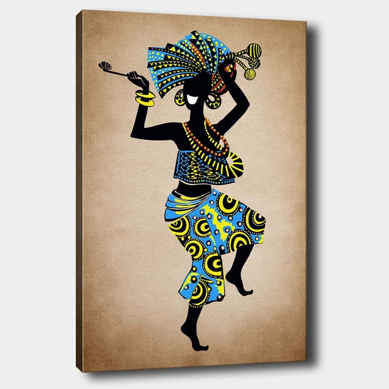Canvastavla 70x100 cm - Stiliserad kvinna som dansar med en färgglad huvudbonad och kläder, bärande på en korg - Blå / Svart / Gul - Inredning - Tavlor & posters - Canvastavla