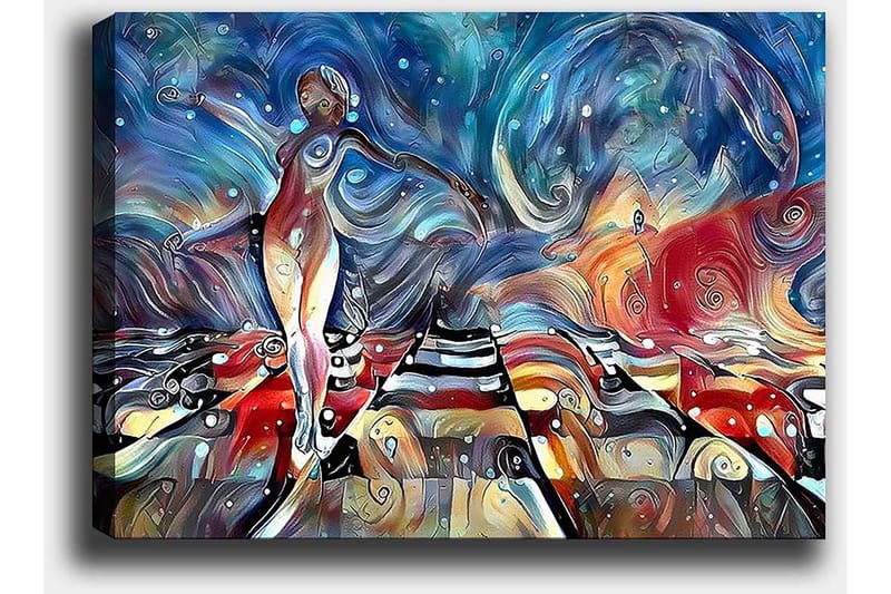 Canvastavla 70x100 cm - Stiliserad kvinna som dansar på en färgglad väg med svängande former och mönster - Blå / Röd / Vit - Inredning - Tavlor & posters - Canvastavla