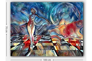 Canvastavla 70x100 cm - Stiliserad kvinna som dansar på en färgglad väg med svängande former och mönster - Blå / Röd / Vit - Inredning - Tavlor & posters - Canvastavla