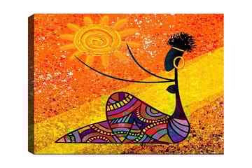 Canvastavla 70x100 cm - Stiliserad kvinna som håller en sol i handen, omgiven av färgglada mönster - Orange / Svart / Lila - Inredning - Tavlor & posters - Canvastavla