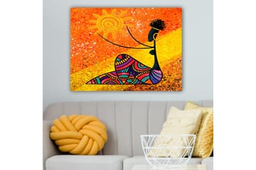 Canvastavla 70x100 cm - Stiliserad kvinna som håller en sol i handen, omgiven av färgglada mönster - Orange / Svart / Lila - Inredning - Tavlor & posters - Canvastavla