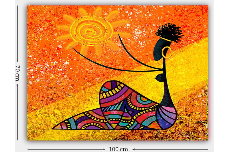 Canvastavla 70x100 cm - Stiliserad kvinna som håller en sol i handen, omgiven av färgglada mönster - Orange / Svart / Lila - Inredning - Tavlor & posters - Canvastavla