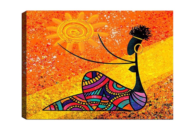 Canvastavla 70x100 cm - Stiliserad kvinna som håller en sol i handen, omgiven av färgglada mönster, Orange / Svart / Lila