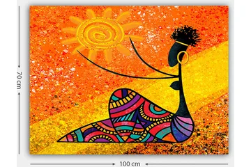 Canvastavla 70x100 cm - Stiliserad kvinna som håller en sol i handen, omgiven av färgglada mönster - Orange / Svart / Lila - Inredning - Tavlor & posters - Canvastavla