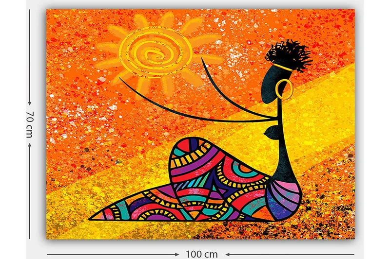 Canvastavla 70x100 cm - Stiliserad kvinna som håller en sol i handen, omgiven av färgglada mönster - Orange / Svart / Lila - Inredning - Tavlor & posters - Canvastavla