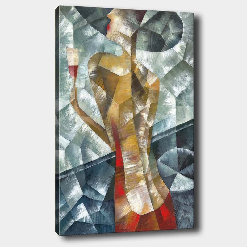 Canvastavla 70x100 cm - Stiliserad kvinna som håller ett glas, omgiven av geometriska former och färger, Röd / Beige / Grå