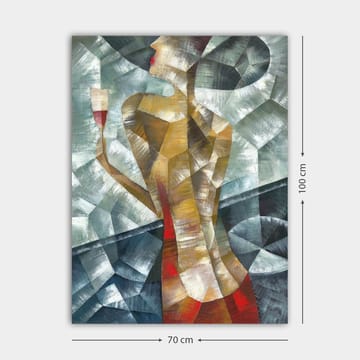 Canvastavla 70x100 cm - Stiliserad kvinna som håller ett glas, omgiven av geometriska former och färger - Röd / Beige / Grå - Inredning - Tavlor & posters - Canvastavla