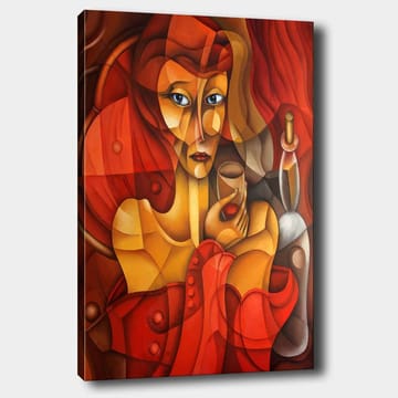 Canvastavla 70x100 cm - Stiliserad kvinna som håller ett glas, omgiven av varma röda och orangea toner - Röd / Orange / Beige - Inredning - Tavlor & posters - Canvastavla