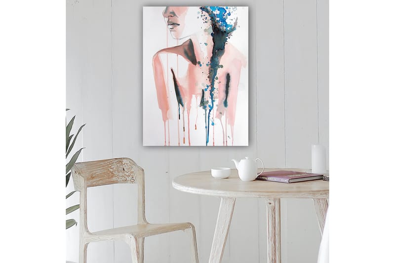 Canvastavla 70x100 cm - Stiliserad kvinnlig silhuett med färgade droppar som rinner nedåt - Rosa / Blå / Svart - Inredning - Tavlor & posters - Canvastavla