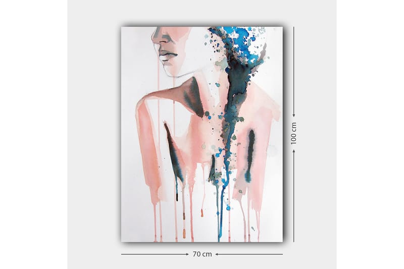 Canvastavla 70x100 cm - Stiliserad kvinnlig silhuett med färgade droppar som rinner nedåt - Rosa / Blå / Svart - Inredning - Tavlor & posters - Canvastavla