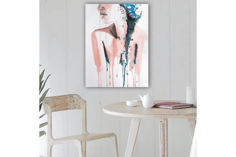 Canvastavla 70x100 cm - Stiliserad kvinnlig silhuett med färgade droppar som rinner nedåt, Rosa / Blå / Svart