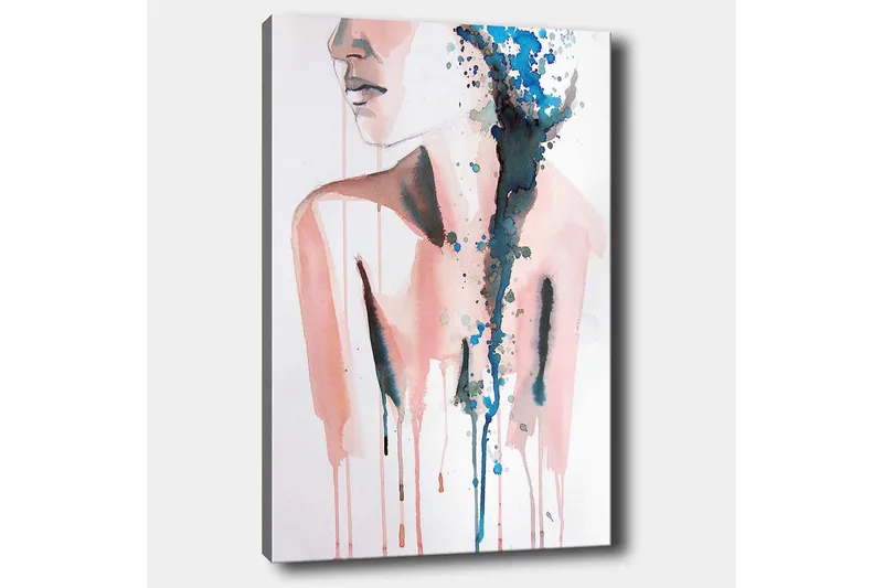 Canvastavla 70x100 cm - Stiliserad kvinnlig silhuett med färgade droppar som rinner nedåt - Rosa / Blå / Svart - Inredning - Tavlor & posters - Canvastavla
