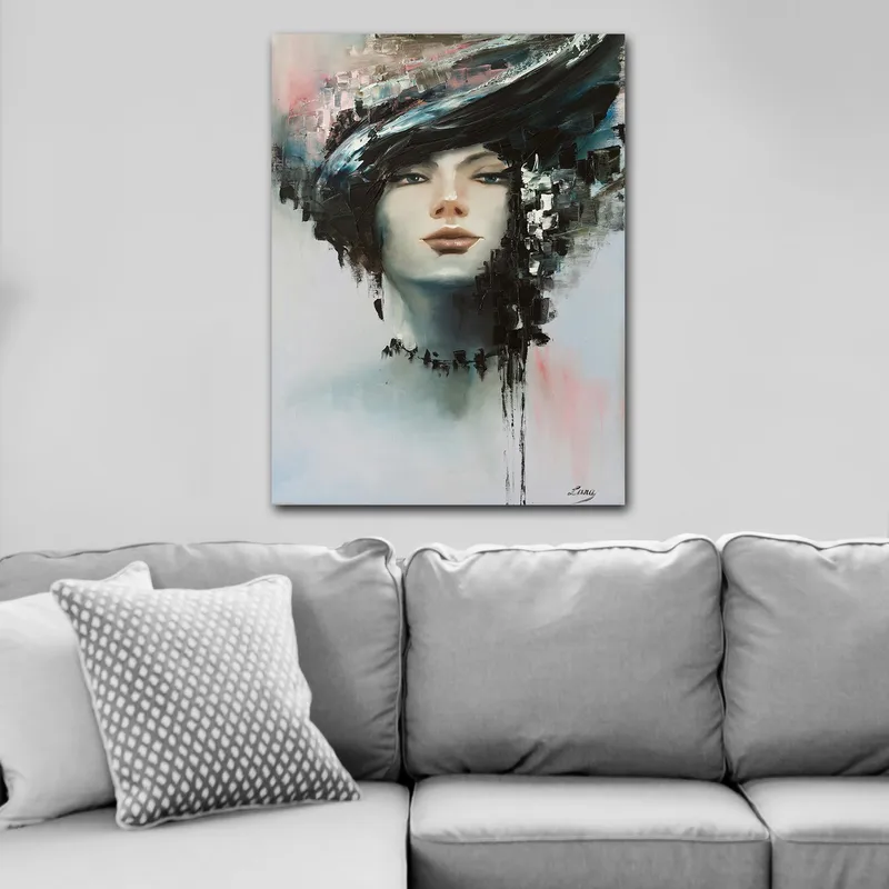 Canvastavla 70x100 cm - Stiliserad kvinnoansikte med en dramatisk frisyr i svart och grått - Svart / Grå / Beige - Inredning - Tavlor & posters - Canvastavla