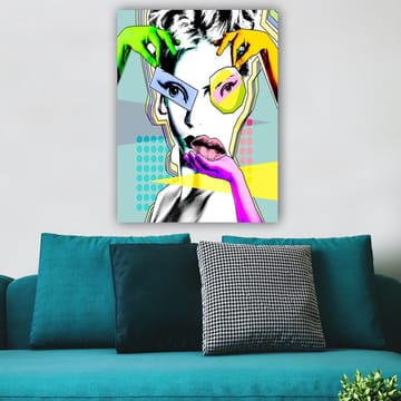 Canvastavla 70x100 cm - Stiliserad kvinnoansikte med färgglada händer som interagerar med ansiktet - Grön / Rosa / Gul - Inredning - Tavlor & posters - Canvastavla