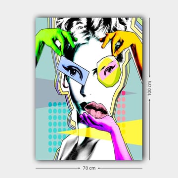 Canvastavla 70x100 cm - Stiliserad kvinnoansikte med färgglada händer som interagerar med ansiktet - Grön / Rosa / Gul - Inredning - Tavlor & posters - Canvastavla