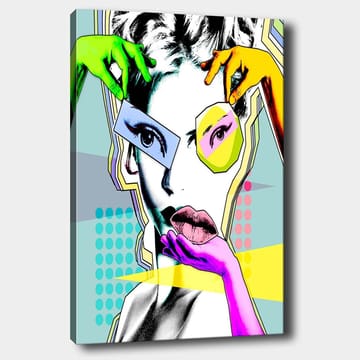 Canvastavla 70x100 cm - Stiliserad kvinnoansikte med färgglada händer som interagerar med ansiktet - Grön / Rosa / Gul - Inredning - Tavlor & posters - Canvastavla