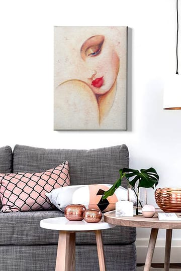 Canvastavla 70x100 cm - Stiliserad kvinnoansikte med framträdande läppar och ögon - Röd / Beige / Brun - Inredning - Tavlor & posters - Canvastavla