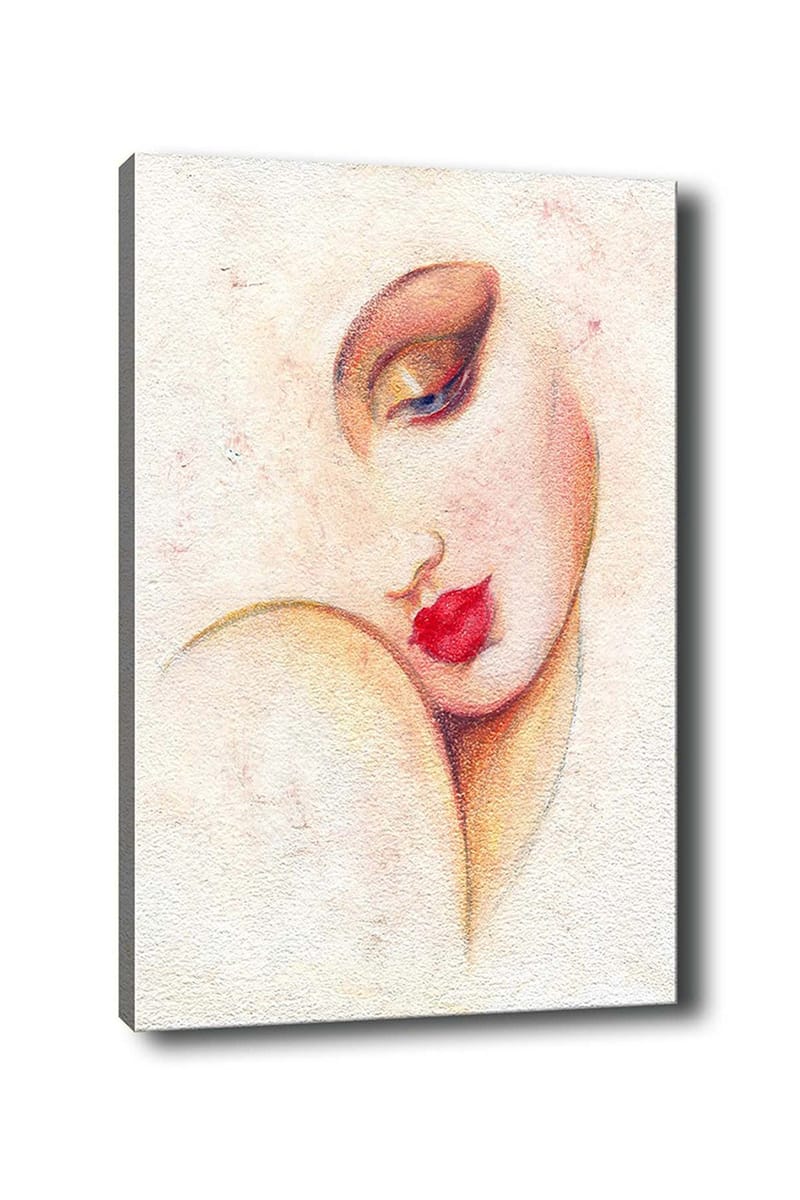 Canvastavla 70x100 cm - Stiliserad kvinnoansikte med framträdande läppar och ögon - Röd / Beige / Brun - Inredning - Tavlor & posters - Canvastavla