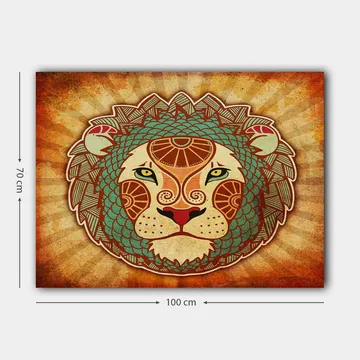 Canvastavla 70x100 cm - Stiliserad lejonhuvud med ornamentala detaljer - Orange / Grön / Beige - Inredning - Tavlor & posters - Canvastavla